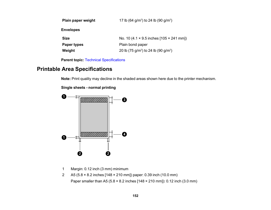 Printable area specifications | Epson PictureMate PM-400 Personal Photo Lab User Manual | Page 152 / 164