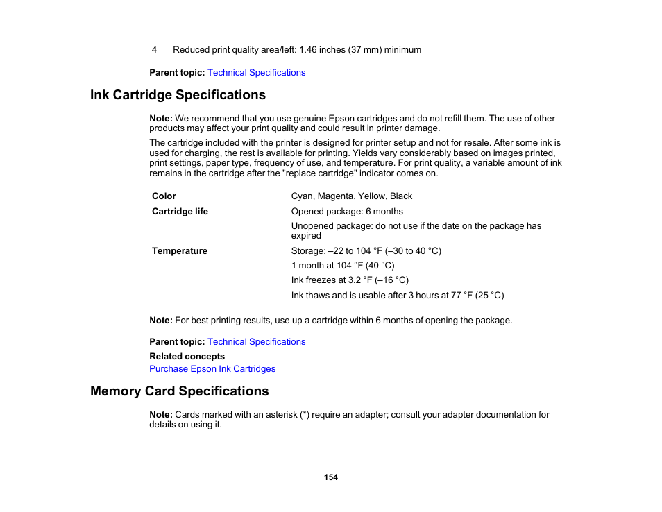 Ink cartridge specifications, Memory card specifications | Epson PictureMate PM-400 Personal Photo Lab User Manual | Page 154 / 164