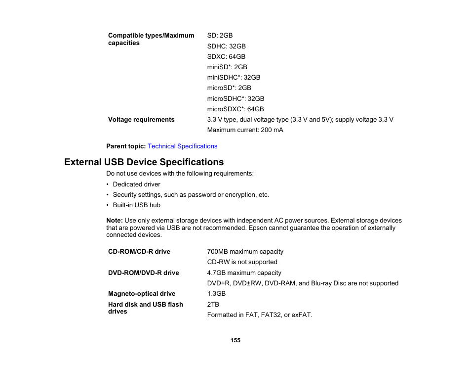 External usb device specifications | Epson PictureMate PM-400 Personal Photo Lab User Manual | Page 155 / 164