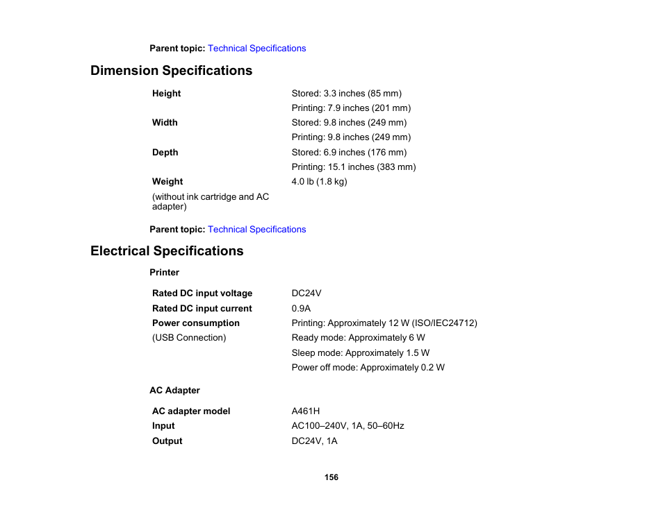 Dimension specifications, Electrical specifications, Dimension specifications electrical specifications | Epson PictureMate PM-400 Personal Photo Lab User Manual | Page 156 / 164