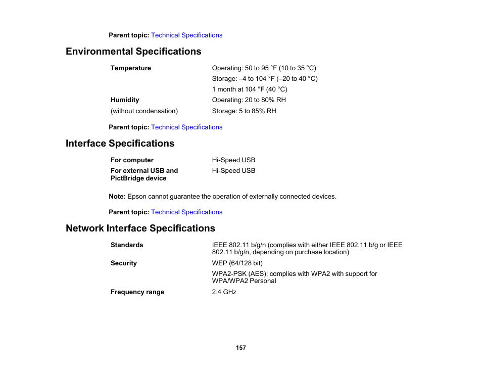 Environmental specifications, Interface specifications, Network interface specifications | Epson PictureMate PM-400 Personal Photo Lab User Manual | Page 157 / 164