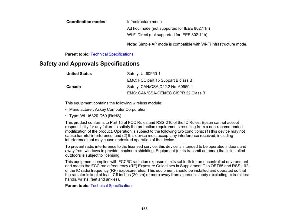 Safety and approvals specifications | Epson PictureMate PM-400 Personal Photo Lab User Manual | Page 158 / 164