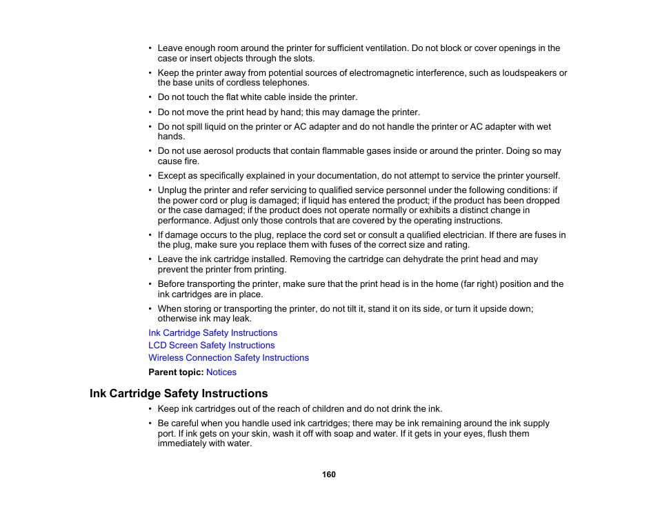 Ink cartridge safety instructions | Epson PictureMate PM-400 Personal Photo Lab User Manual | Page 160 / 164