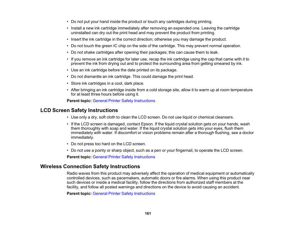 Lcd screen safety instructions, Wireless connection safety instructions | Epson PictureMate PM-400 Personal Photo Lab User Manual | Page 161 / 164