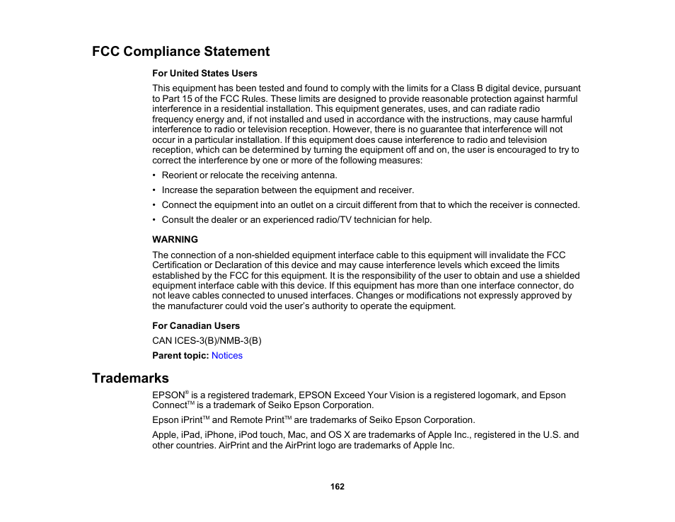 Fcc compliance statement, Trademarks, Fcc compliance statement trademarks | Epson PictureMate PM-400 Personal Photo Lab User Manual | Page 162 / 164