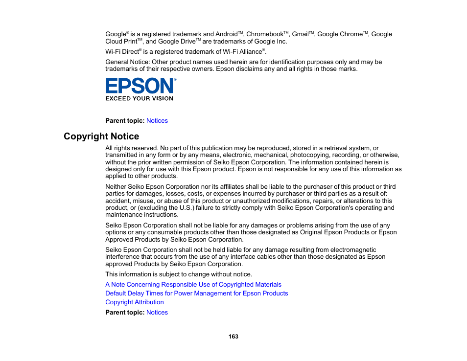 Copyright notice | Epson PictureMate PM-400 Personal Photo Lab User Manual | Page 163 / 164