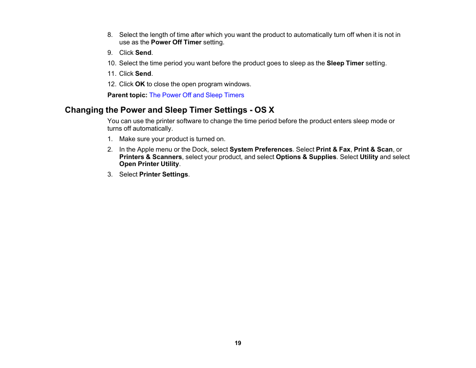 Changing the power and sleep timer settings - os x | Epson PictureMate PM-400 Personal Photo Lab User Manual | Page 19 / 164