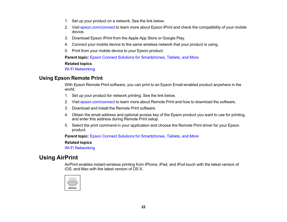 Using epson remote print, Using airprint | Epson PictureMate PM-400 Personal Photo Lab User Manual | Page 22 / 164