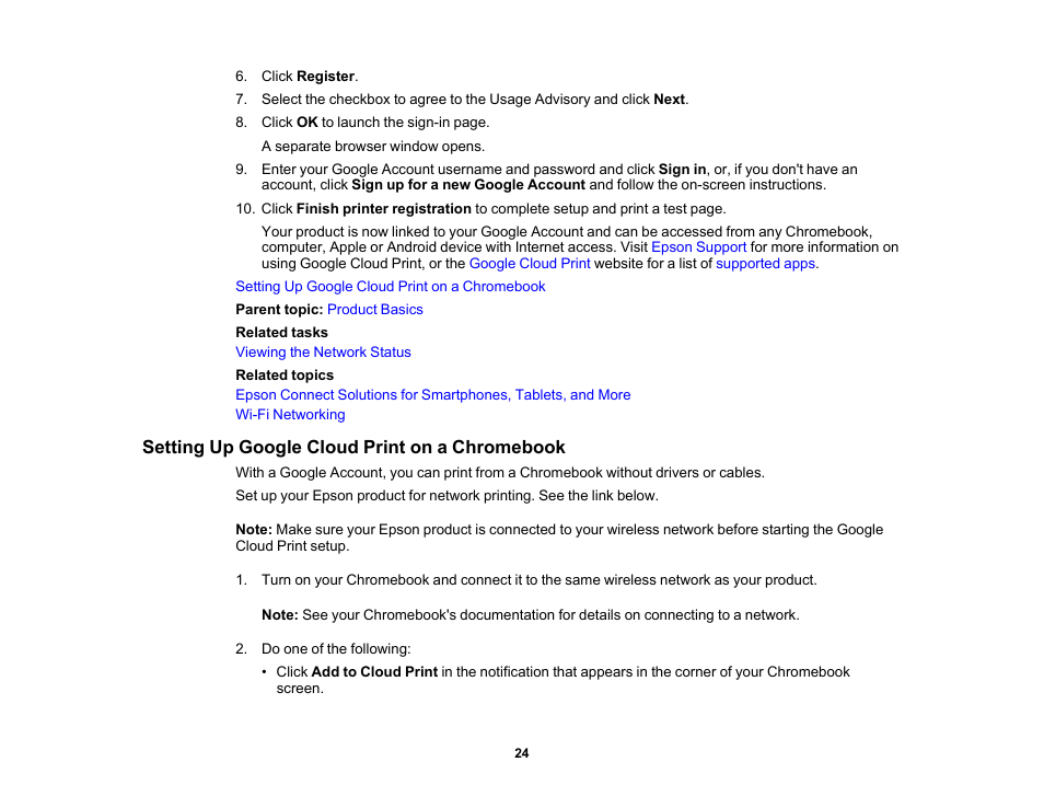 Setting up google cloud print on a chromebook | Epson PictureMate PM-400 Personal Photo Lab User Manual | Page 24 / 164