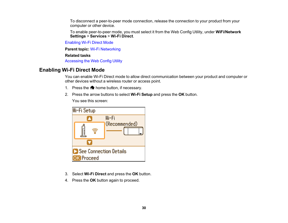 Enabling wi-fi direct mode | Epson PictureMate PM-400 Personal Photo Lab User Manual | Page 30 / 164