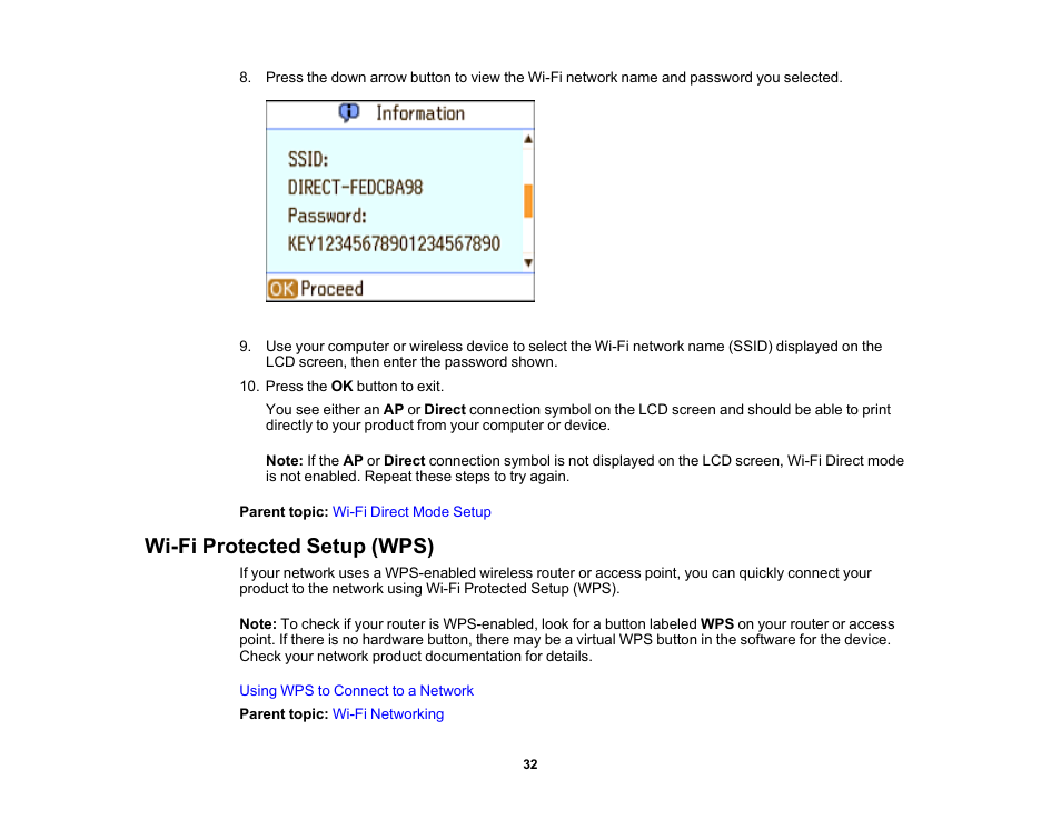 Wi-fi protected setup (wps) | Epson PictureMate PM-400 Personal Photo Lab User Manual | Page 32 / 164