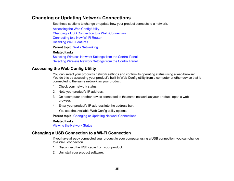 Changing or updating network connections, Accessing the web config utility, Changing a usb connection to a wi-fi connection | Epson PictureMate PM-400 Personal Photo Lab User Manual | Page 35 / 164