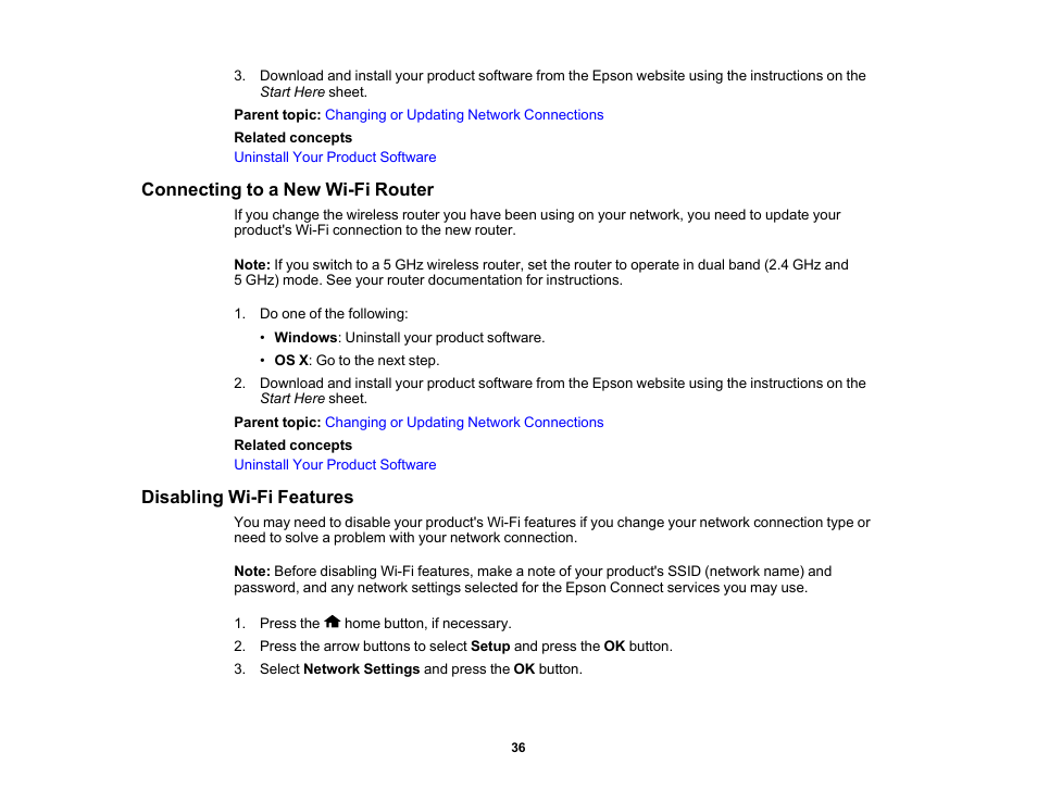 Connecting to a new wi-fi router, Disabling wi-fi features | Epson PictureMate PM-400 Personal Photo Lab User Manual | Page 36 / 164