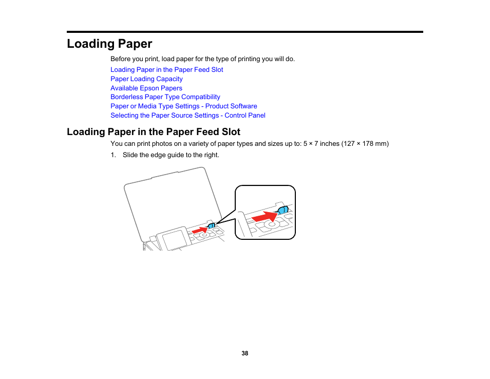 Loading paper, Loading paper in the paper feed slot | Epson PictureMate PM-400 Personal Photo Lab User Manual | Page 38 / 164