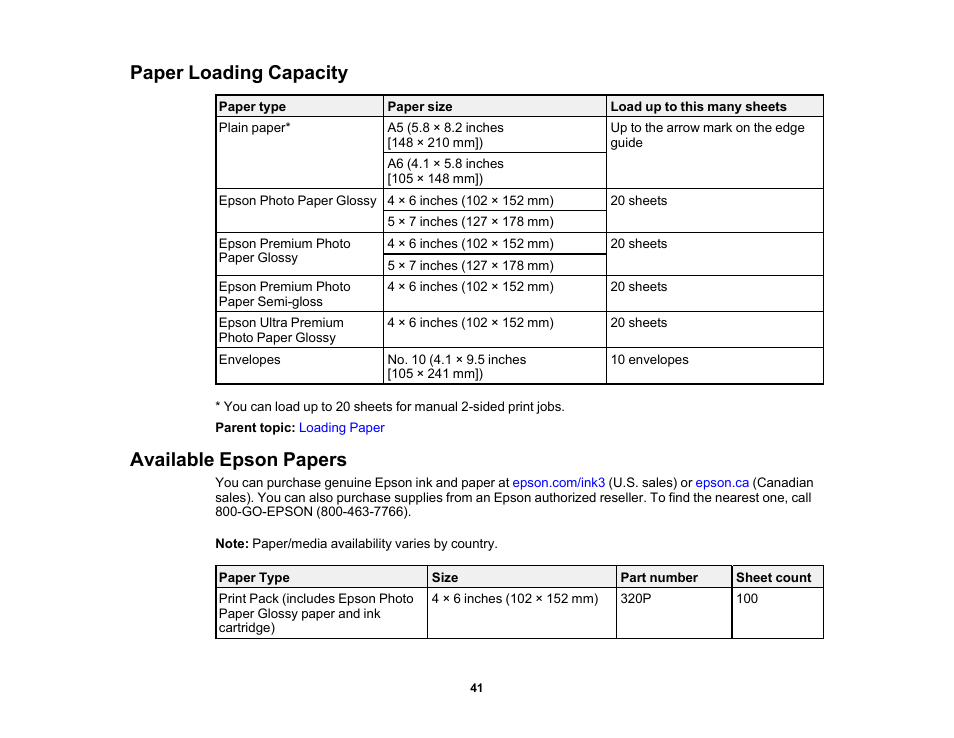 Paper loading capacity, Available epson papers, Paper loading capacity available epson papers | Epson PictureMate PM-400 Personal Photo Lab User Manual | Page 41 / 164