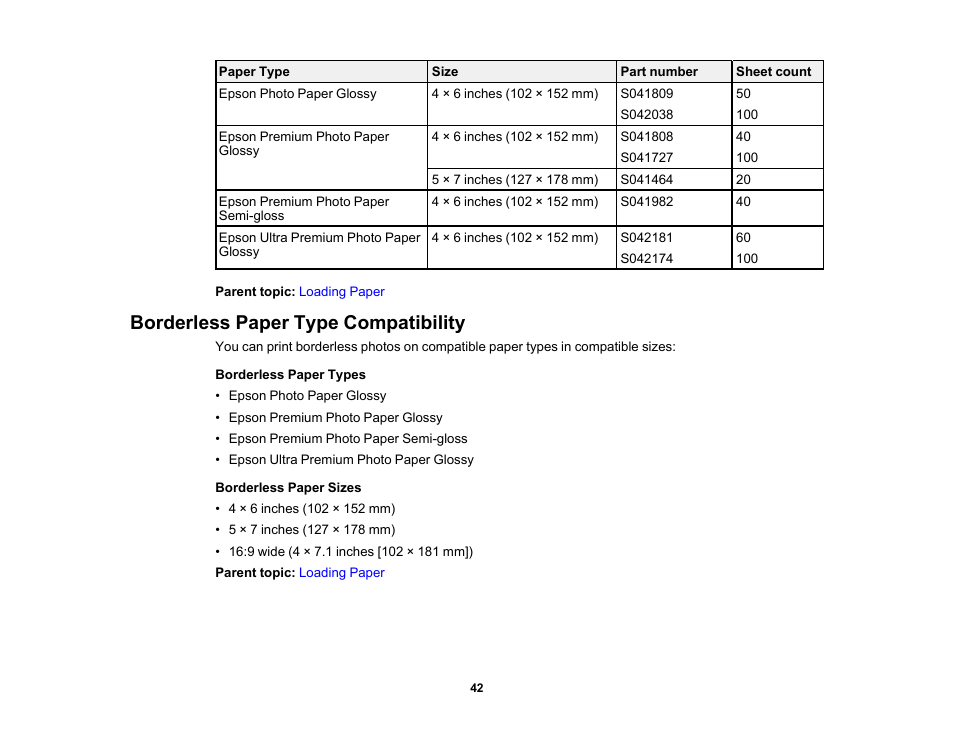 Borderless paper type compatibility | Epson PictureMate PM-400 Personal Photo Lab User Manual | Page 42 / 164