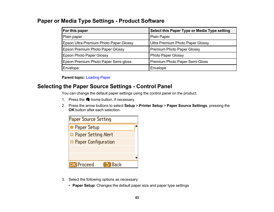 Paper or media type settings - product software | Epson PictureMate PM-400 Personal Photo Lab User Manual | Page 43 / 164