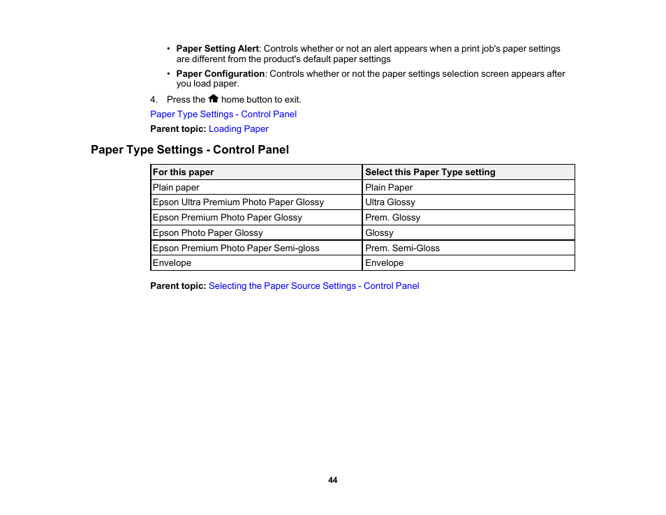 Paper type settings - control panel | Epson PictureMate PM-400 Personal Photo Lab User Manual | Page 44 / 164