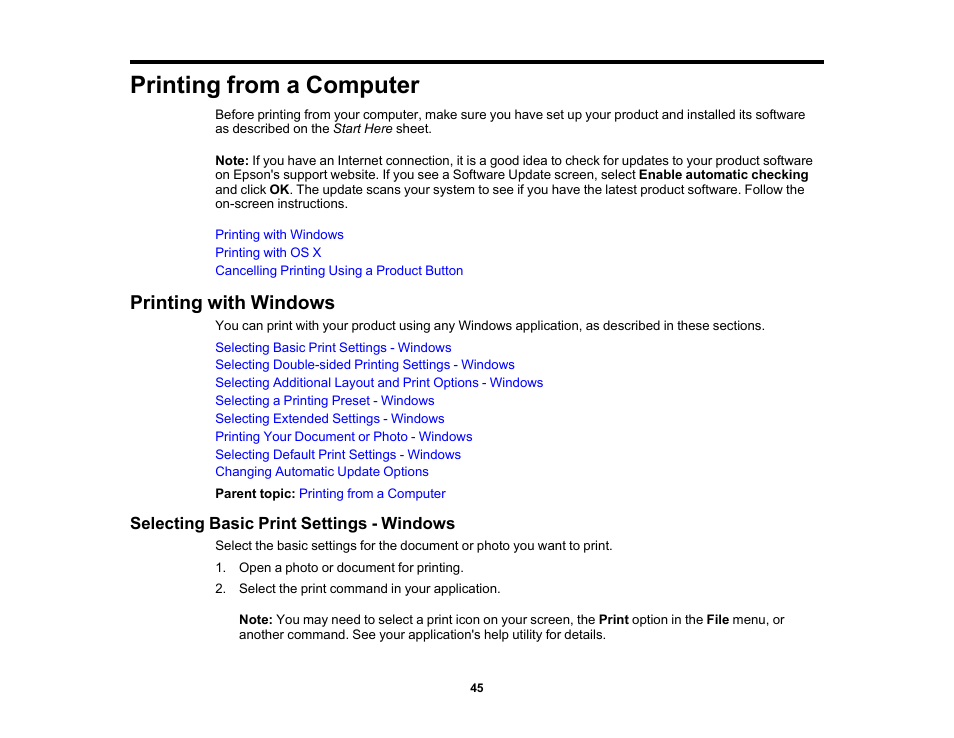 Printing from a computer, Printing with windows, Selecting basic print settings - windows | Epson PictureMate PM-400 Personal Photo Lab User Manual | Page 45 / 164
