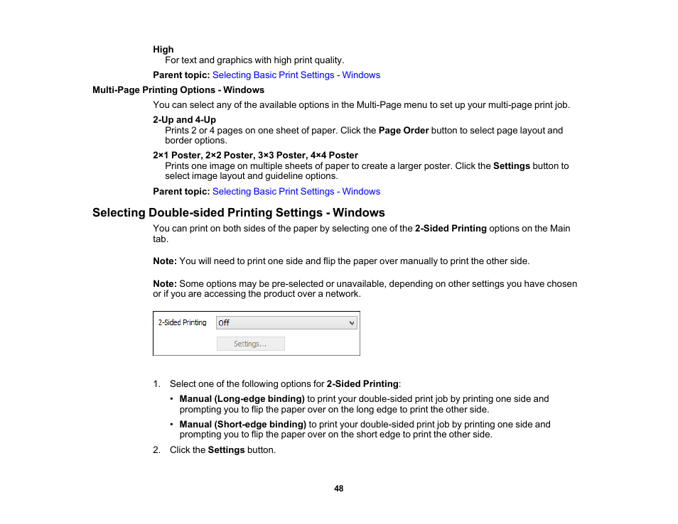 Selecting double-sided printing settings - windows | Epson PictureMate PM-400 Personal Photo Lab User Manual | Page 48 / 164