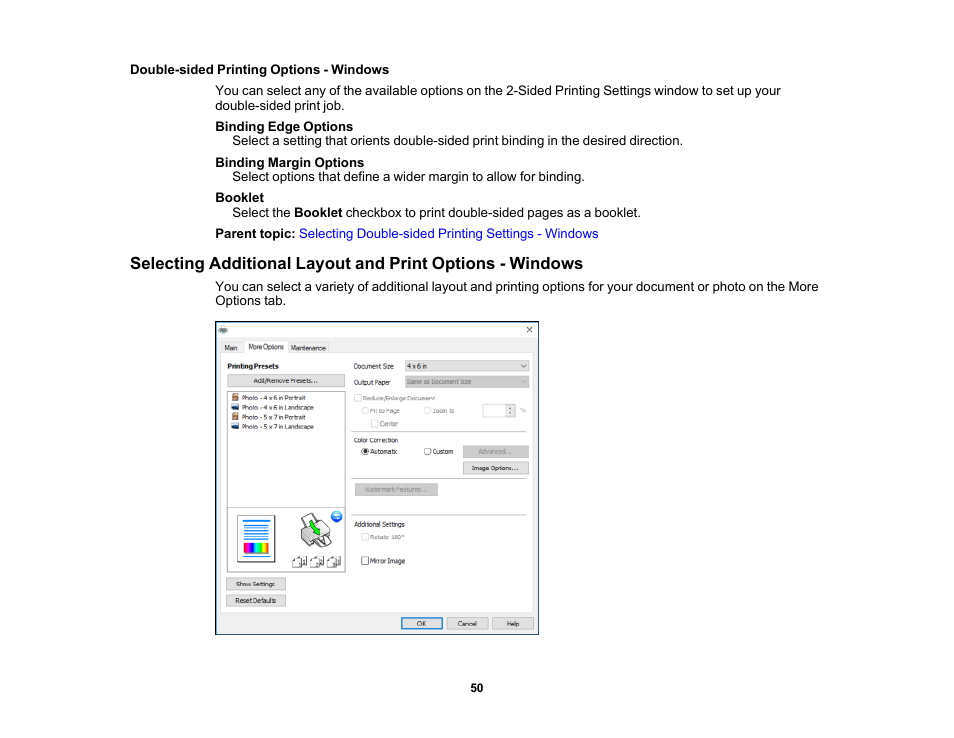 Double-sided printing options - windows | Epson PictureMate PM-400 Personal Photo Lab User Manual | Page 50 / 164