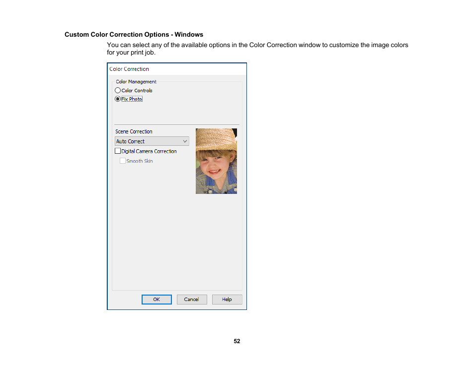 Custom color correction options - windows | Epson PictureMate PM-400 Personal Photo Lab User Manual | Page 52 / 164