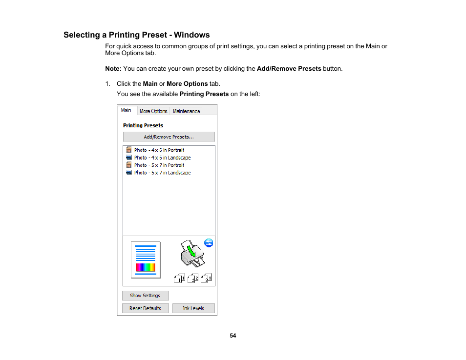 Selecting a printing preset - windows | Epson PictureMate PM-400 Personal Photo Lab User Manual | Page 54 / 164
