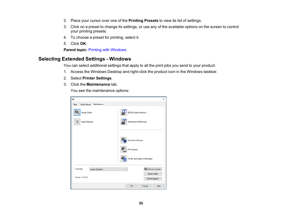 Selecting extended settings - windows | Epson PictureMate PM-400 Personal Photo Lab User Manual | Page 55 / 164