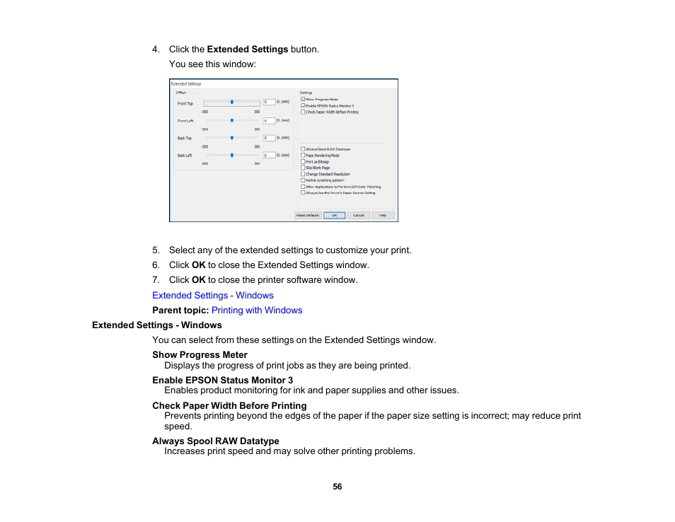 Extended settings - windows | Epson PictureMate PM-400 Personal Photo Lab User Manual | Page 56 / 164