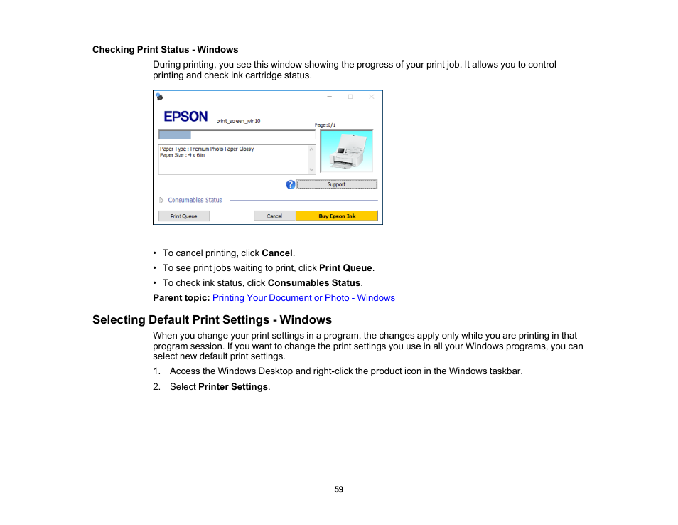 Checking print status - windows, Selecting default print settings - windows | Epson PictureMate PM-400 Personal Photo Lab User Manual | Page 59 / 164