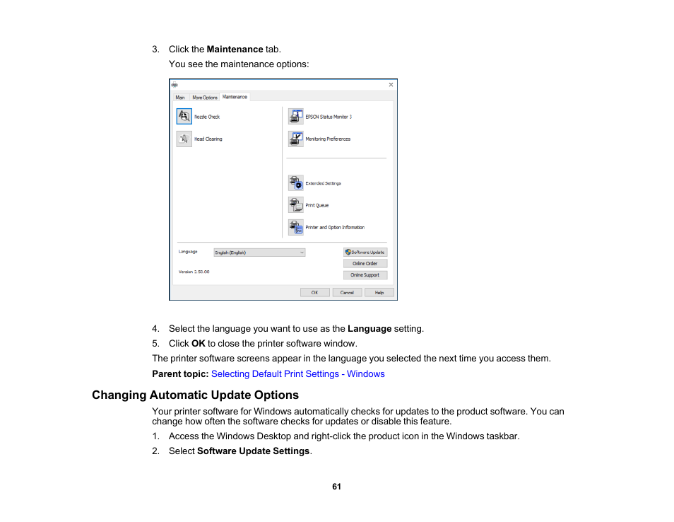 Changing automatic update options | Epson PictureMate PM-400 Personal Photo Lab User Manual | Page 61 / 164