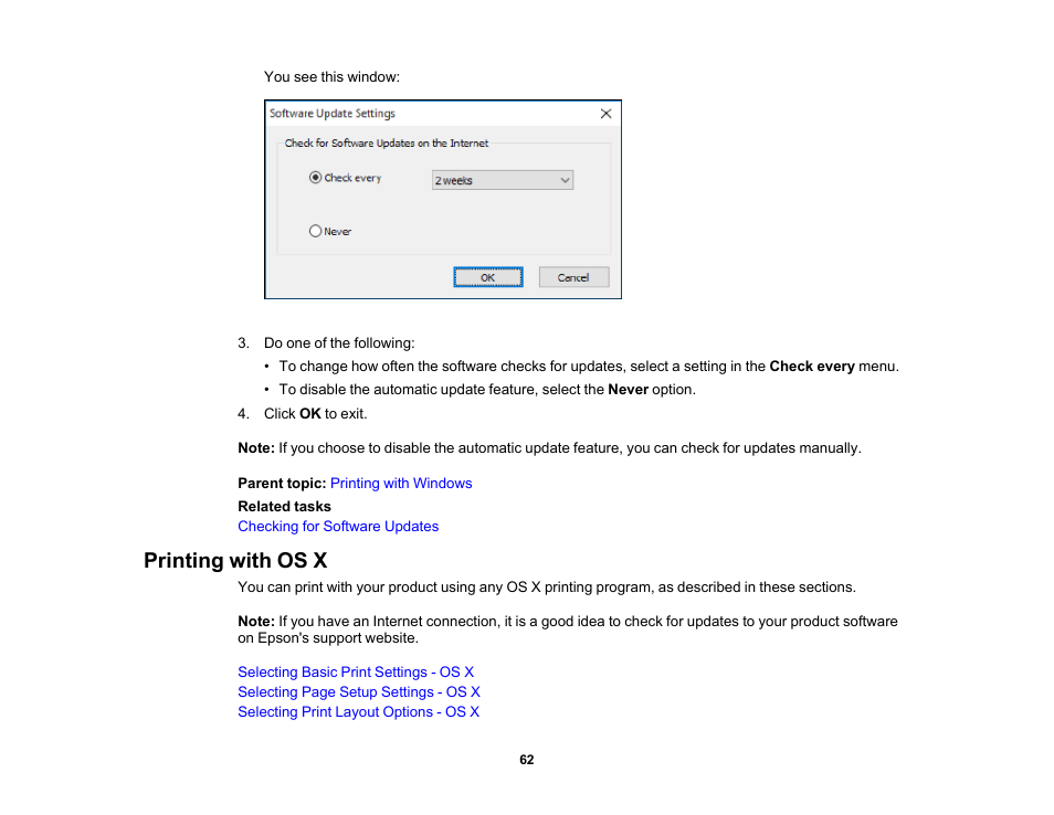 Printing with os x | Epson PictureMate PM-400 Personal Photo Lab User Manual | Page 62 / 164