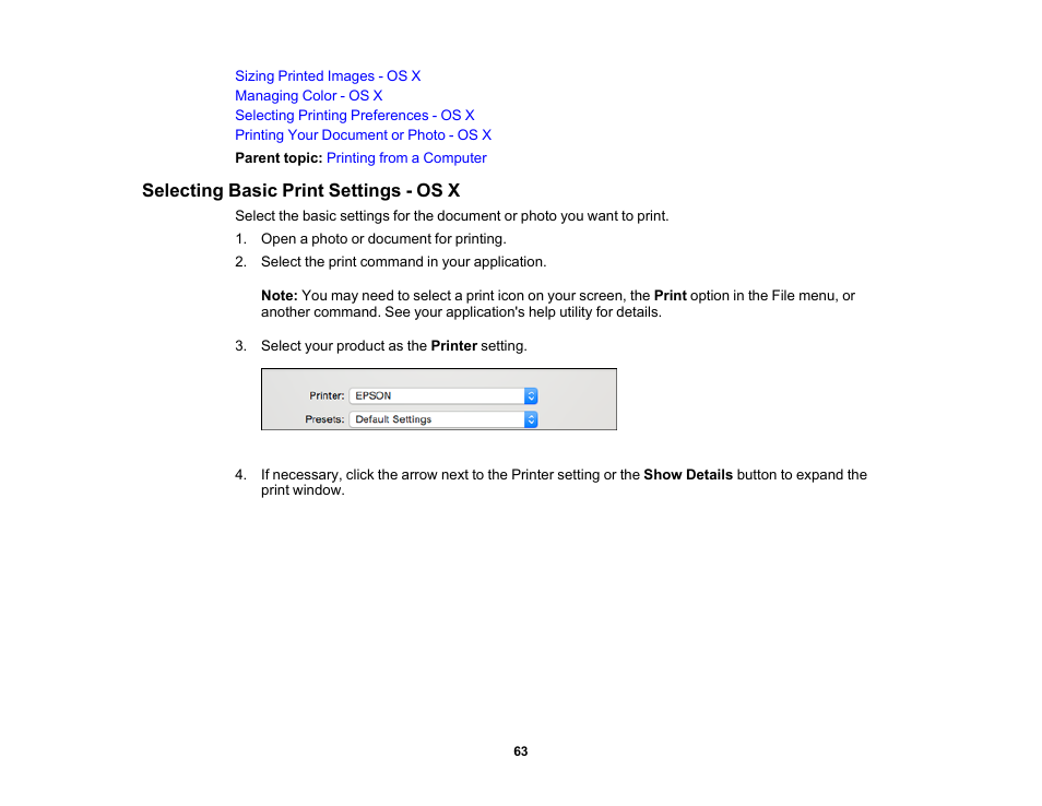 Selecting basic print settings - os x | Epson PictureMate PM-400 Personal Photo Lab User Manual | Page 63 / 164