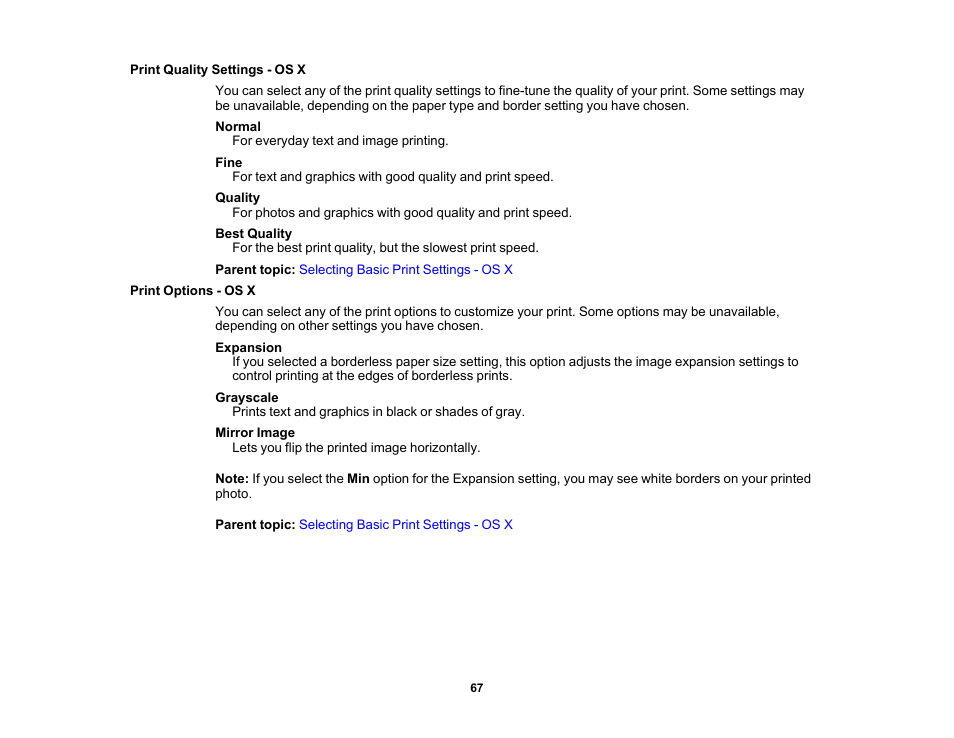 Print quality settings - os x, Print options - os x, Print quality settings - os x print options - os x | Epson PictureMate PM-400 Personal Photo Lab User Manual | Page 67 / 164