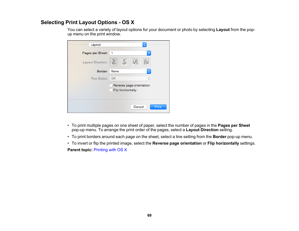 Selecting print layout options - os x | Epson PictureMate PM-400 Personal Photo Lab User Manual | Page 69 / 164