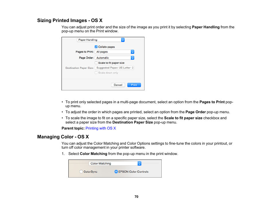 Sizing printed images - os x, Managing color - os x, Sizing printed images - os x managing color - os x | Epson PictureMate PM-400 Personal Photo Lab User Manual | Page 70 / 164