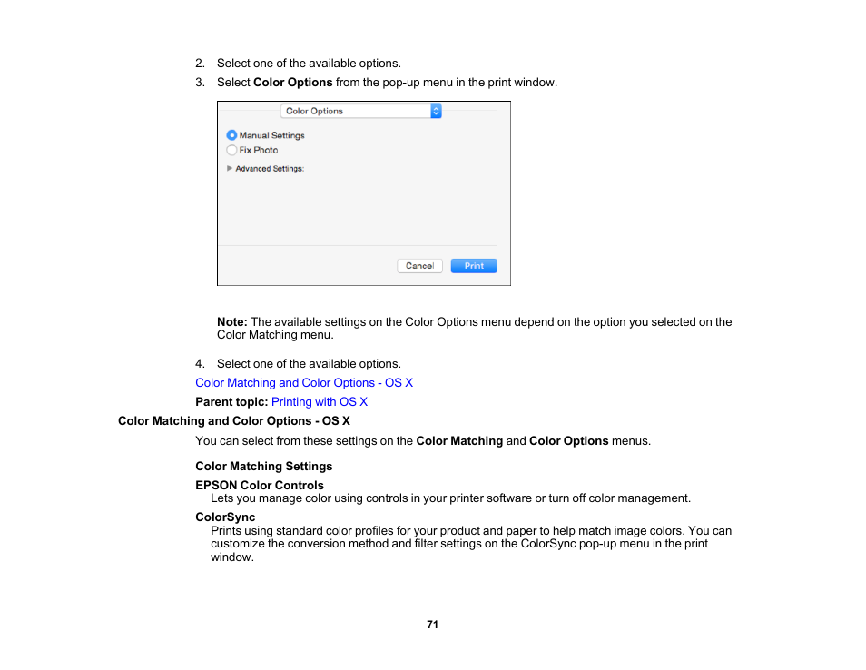 Color matching and color options - os x | Epson PictureMate PM-400 Personal Photo Lab User Manual | Page 71 / 164