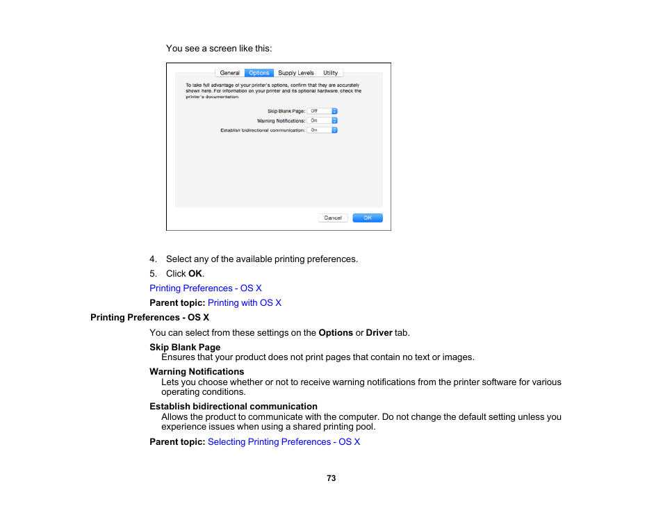 Printing preferences - os x | Epson PictureMate PM-400 Personal Photo Lab User Manual | Page 73 / 164