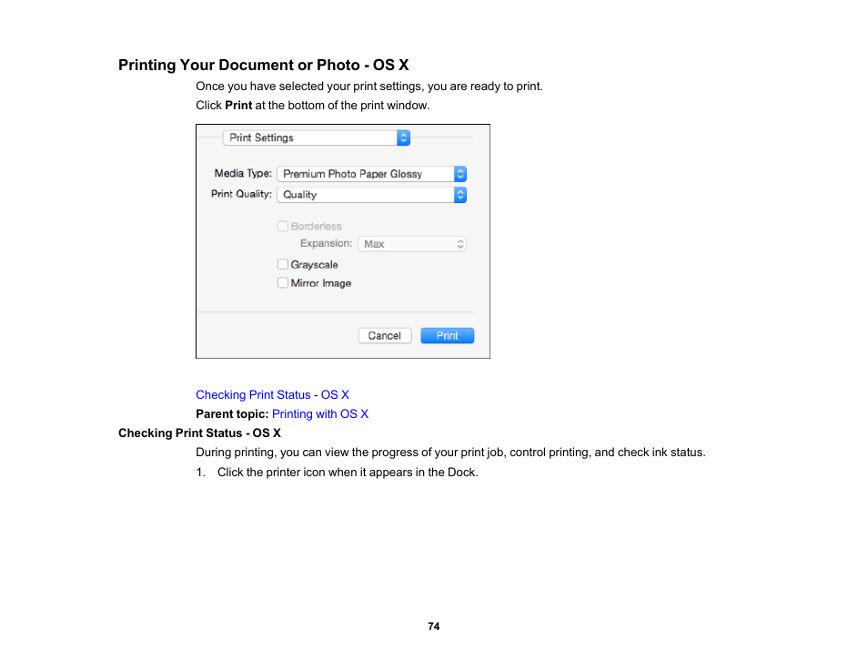 Printing your document or photo - os x, Checking print status - os x | Epson PictureMate PM-400 Personal Photo Lab User Manual | Page 74 / 164