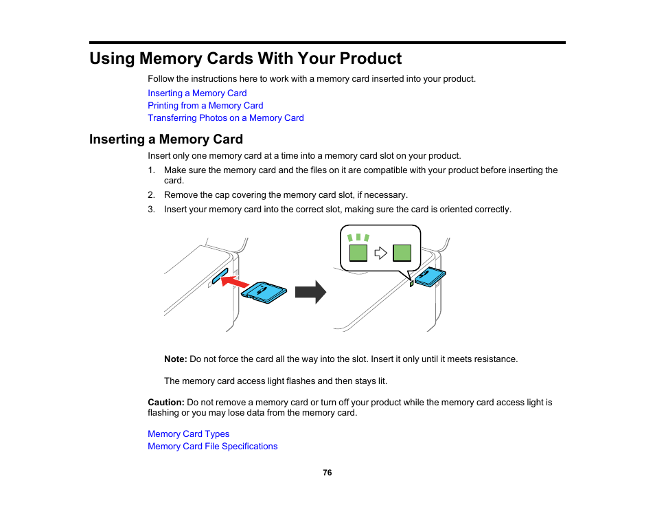 Using memory cards with your product, Inserting a memory card | Epson PictureMate PM-400 Personal Photo Lab User Manual | Page 76 / 164