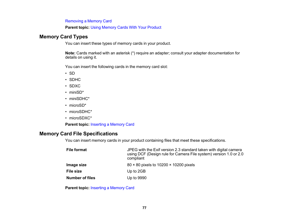 Memory card types, Memory card file specifications, Memory card types memory card file specifications | Epson PictureMate PM-400 Personal Photo Lab User Manual | Page 77 / 164