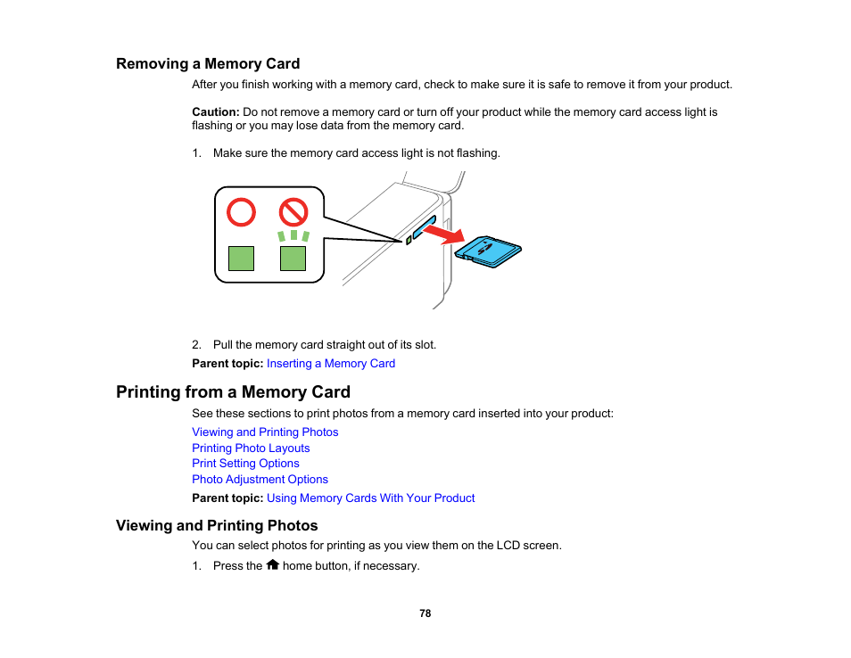 Removing a memory card, Printing from a memory card, Viewing and printing photos | Epson PictureMate PM-400 Personal Photo Lab User Manual | Page 78 / 164