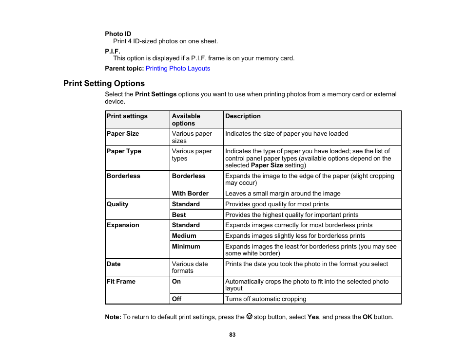 Print setting options | Epson PictureMate PM-400 Personal Photo Lab User Manual | Page 83 / 164