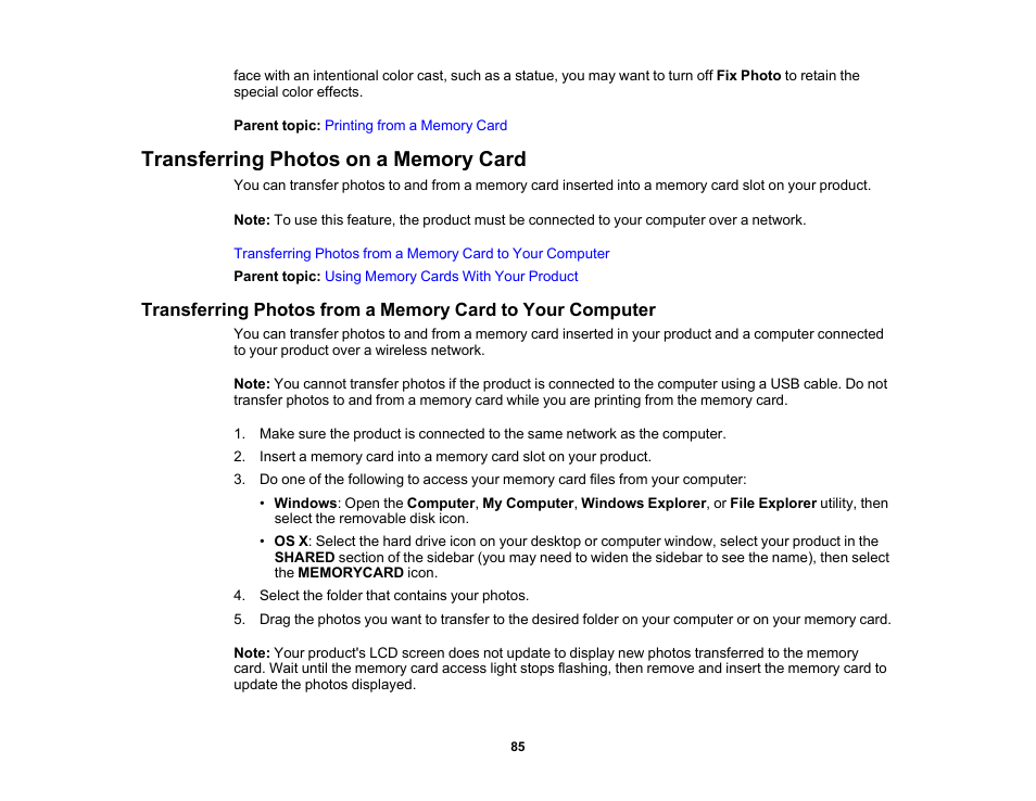 Transferring photos on a memory card | Epson PictureMate PM-400 Personal Photo Lab User Manual | Page 85 / 164