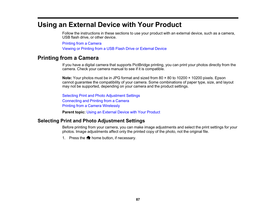 Using an external device with your product, Printing from a camera, Selecting print and photo adjustment settings | Epson PictureMate PM-400 Personal Photo Lab User Manual | Page 87 / 164