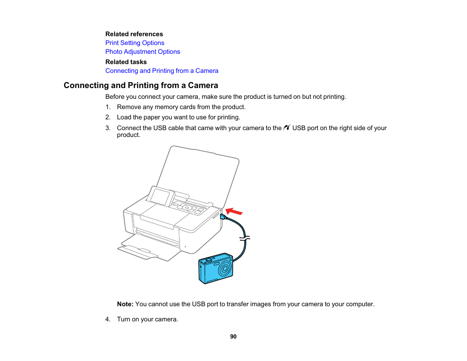 Connecting and printing from a camera | Epson PictureMate PM-400 Personal Photo Lab User Manual | Page 90 / 164