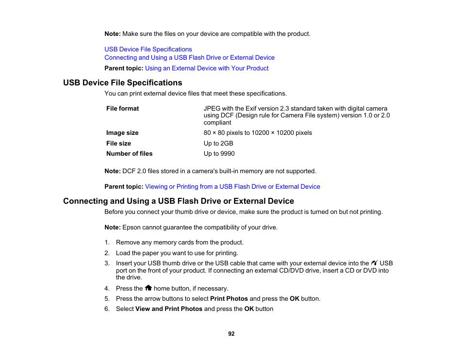 Usb device file specifications | Epson PictureMate PM-400 Personal Photo Lab User Manual | Page 92 / 164