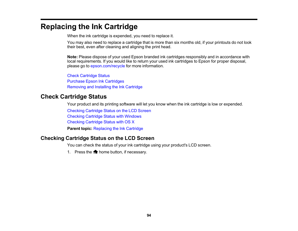 Replacing the ink cartridge, Check cartridge status, Checking cartridge status on the lcd screen | Epson PictureMate PM-400 Personal Photo Lab User Manual | Page 94 / 164