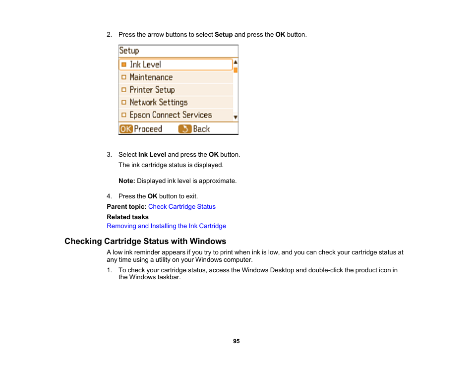 Checking cartridge status with windows | Epson PictureMate PM-400 Personal Photo Lab User Manual | Page 95 / 164