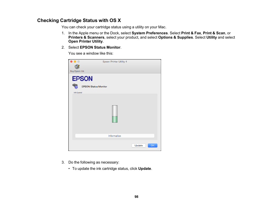 Checking cartridge status with os x | Epson PictureMate PM-400 Personal Photo Lab User Manual | Page 98 / 164
